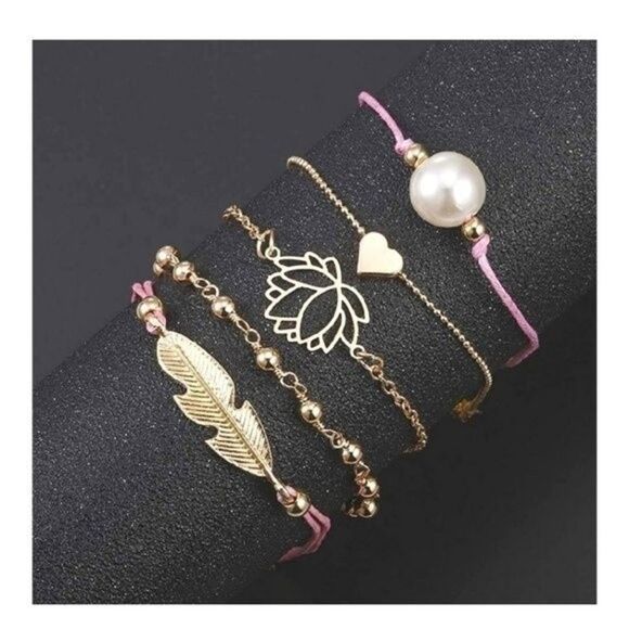 Lotus Flower Boho Beaded Charm Bracelets Set of Five - Picture 1 of 6